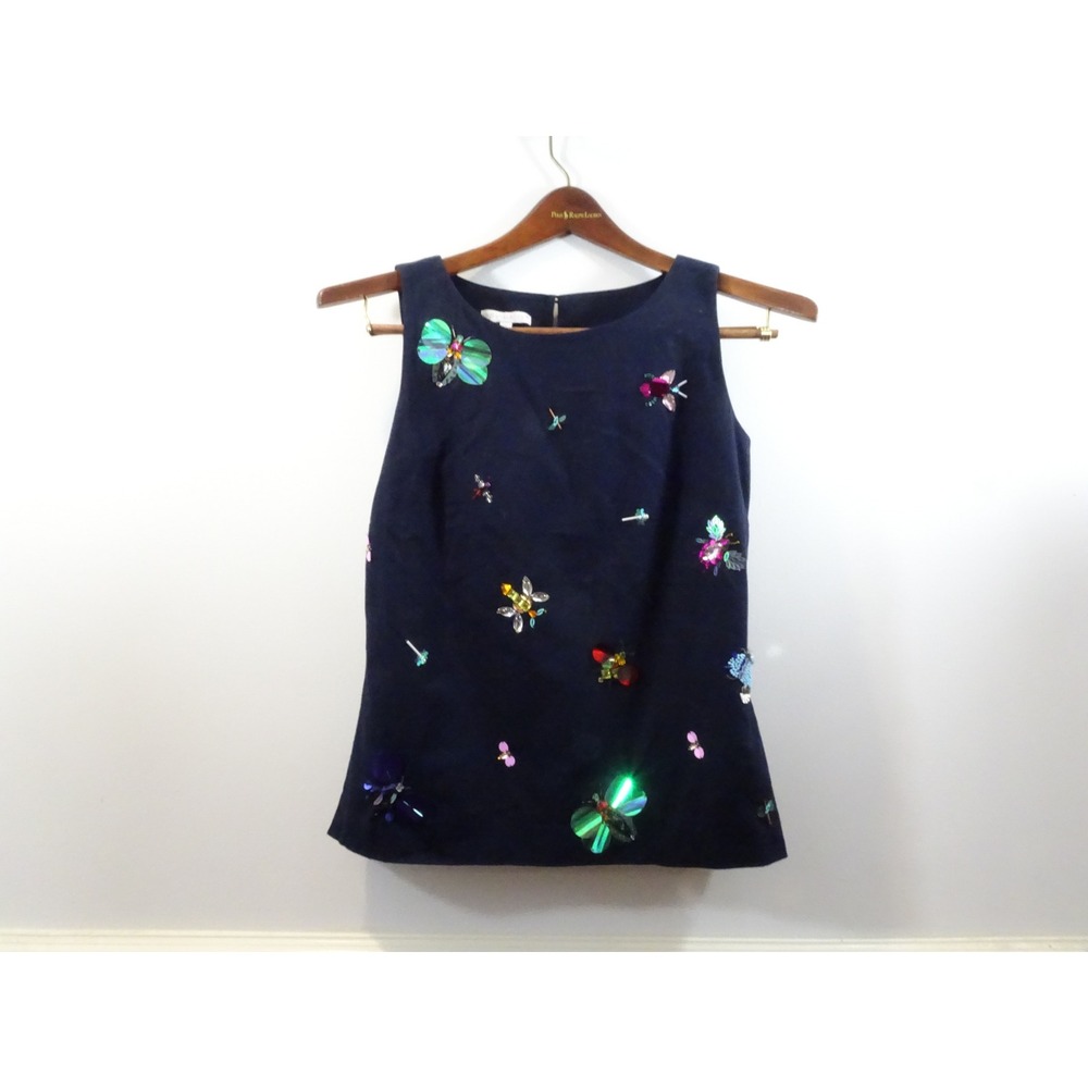 RSVP by Talbots Navy Blue Embellished Butterfly Bee Sequin Shell Top Size 2